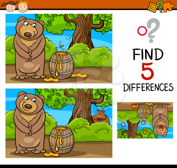 Cartoon Illustration of Finding Differences Educational Task for Preschool Children with Bear and Honey
