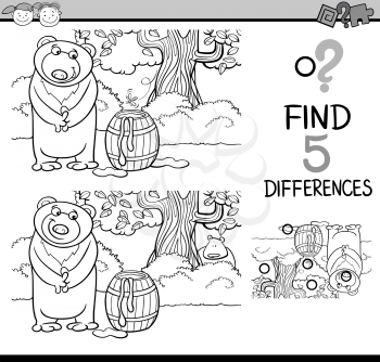 Black and White Cartoon Illustration of Finding Differences Educational Task for Preschool Children with Beaver Animal Character for Coloring Book