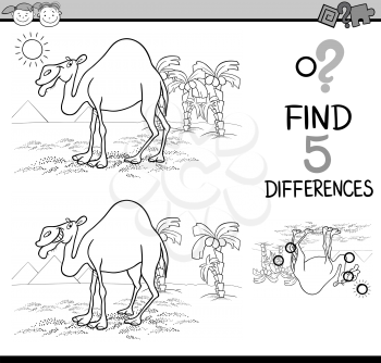 Black and White Cartoon Illustration of Finding Differences Educational Task for Preschool Children with Camel Animal Character for Coloring Book