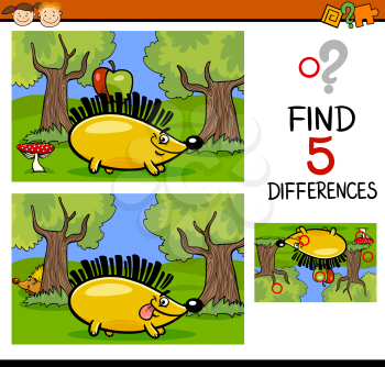 Cartoon Illustration of Finding Differences Educational Task for Preschool Children with Hedgehog Animal Character