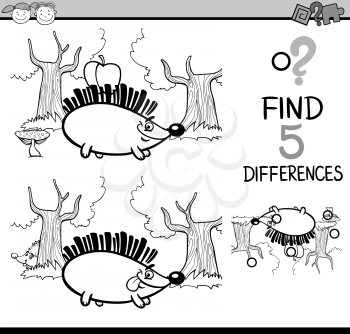 Black and White Cartoon Illustration of Finding Differences Educational Task for Preschool Children with Hedgehog Animal Character for Coloring Book