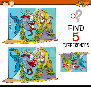 Cartoon Illustration of Finding Differences Educational Task for Preschool Children with Girl and her Fish in Tank
