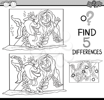 Black and White Cartoon Illustration of Finding Differences Educational Task for Preschool Children with Girl and her Fish in Tank for Coloring Book