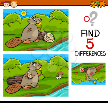 Cartoon Illustration of Finding Differences Educational Task for Preschool Children with Beaver Animal Character