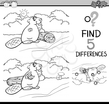Black and White Cartoon Illustration of Finding Differences Educational Task for Preschool Children with Beaver Animal Character for Coloring Book
