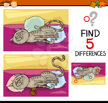 Cartoon Illustration of Finding Differences Educational Task for Preschool Children with Cat Animal Character