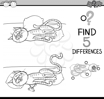 Black and White Cartoon Illustration of Finding Differences Educational Task for Preschool Children with Cat Animal Character Coloring Page