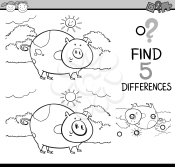 Black and White Cartoon Illustration of Finding Differences Educational Task for Preschool Children with Pig Farm Animal Character for Coloring Book