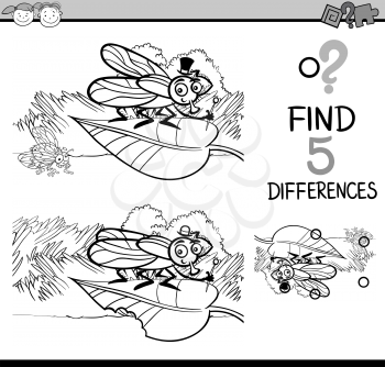 Black and White Cartoon Illustration of Finding Differences Educational Task for Preschool Children with Fly Insect Character for Coloring Book