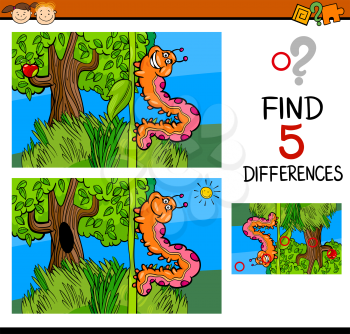 Cartoon Illustration of Finding Differences Educational Task for Preschool Children with Caterpillar Insect Character