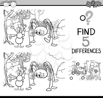 Black and White Cartoon Illustration of Finding Differences Educational Task for Preschool Children with Ant and Spider Insect Characters for Coloring Book