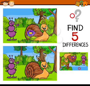 Cartoon Illustration of Finding Differences Educational Task for Preschool Children with Ant and Snail Characters