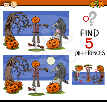 Cartoon Illustration of Finding Differences Educational Task for Preschool Children with Halloween Characters