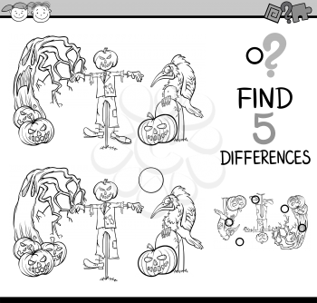 Black and White Cartoon Illustration of Finding Differences Educational Task for Preschool Children with Halloween Characters for Coloring Book