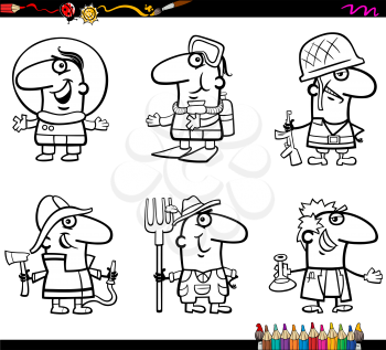 Coloring Book Cartoon Illustration of Professional People Occupations Characters Set