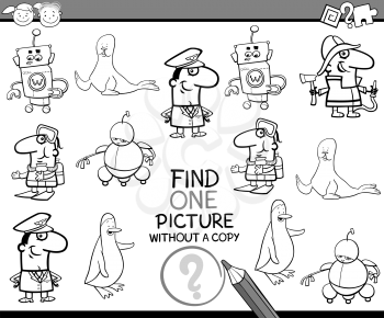 Black and White Cartoon Illustration of Educational Task of Finding Single Picture for Preschool Children for Coloring