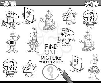 Black and White Cartoon Illustration of Educational Task of Finding Single Picture for Preschool Children Coloring Book