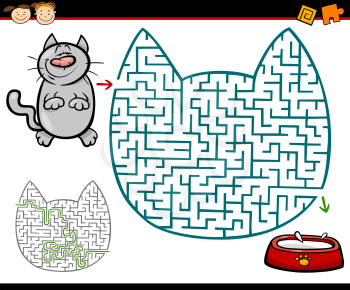 Cartoon Illustration of Education Maze or Labyrinth Game for Preschool Children with Cat and Milk
