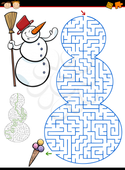 Cartoon Illustration of Education Maze or Labyrinth Game for Preschool Children with Snowman Character