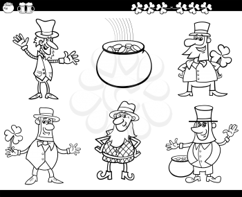 Black and White Cartoon Illustration of Leprechaun Characters and Saint Patrick Day Themes Set Coloring Book