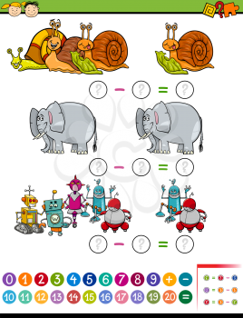 Cartoon Illustration of Education Mathematical Subtraction Task for Preschool Children