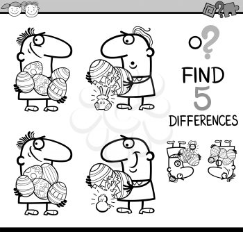 Black and White Cartoon Illustration of Finding Differences Educational Task for Preschool Children with Easter Theme for Coloring Book