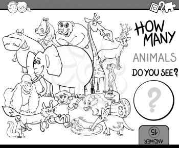 Black and White Cartoon Illustration of Educational Counting Task for Preschool Children with Wildlife Animal Characters Coloring Book