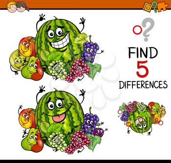 Cartoon Illustration of Finding Differences Educational Task for Preschool Children with Fruit Characters