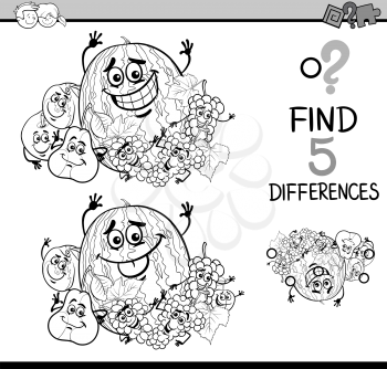 Black and White Cartoon Illustration of Finding Differences Educational Task for Preschool Children with Fruit Characters for Coloring Book