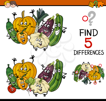 Cartoon Illustration of Finding Differences Educational Task for Preschool Children with Vegetable Characters