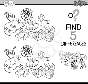 Black and White Cartoon Illustration of Finding Differences Educational Task for Preschool Children with Sweet Food Characters for Coloring Book