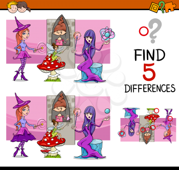 Cartoon Illustration of Finding Differences Educational Task for Preschool Children with Fantasy Characters