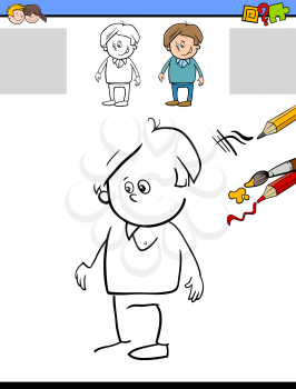 Cartoon Illustration of Drawing and Coloring Educational Activity Task for Preschool Children with Kid Boy Character
