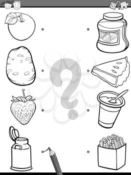 Black and White Cartoon Illustration of Education Element Matching Task for Preschool Children with Food Ingredients Coloring Book