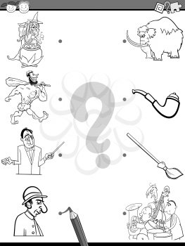 Black and White Cartoon Illustration of Education Element Matching Task for Preschool Children Coloring Book