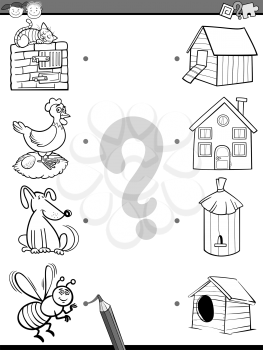 Black and White Cartoon Illustration of Education Element Matching Task for Preschool Children with Animals Coloring Book