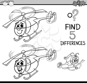 Black and White Cartoon Illustration of Finding Differences Educational Task for Preschool Children with Helicopter Character for Coloring Book