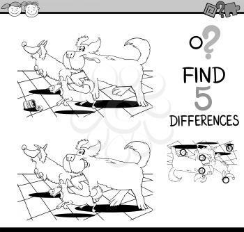 Black and White Cartoon Illustration of Finding Differences Educational Task for Preschool Children with Running Dogs for Coloring Book