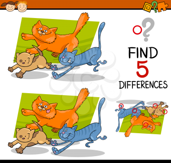 Cartoon Illustration of Finding Differences Educational Task for Preschool Children with Running Cats