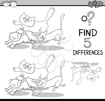 Black and White Cartoon Illustration of Finding Differences Educational Task for Preschool Children with Running Cats for Coloring Book