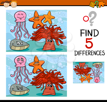 Cartoon Illustration of Finding Differences Educational Task for Preschool Children with Sea Life Animal Characters
