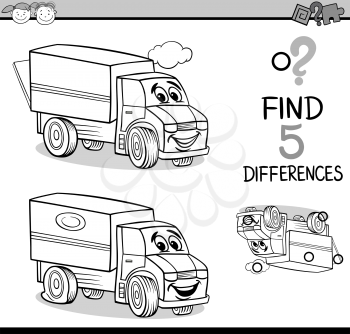 Black and White Cartoon Illustration of Finding Differences Educational Task for Preschool Children with Truck Transport Character for Coloring Book
