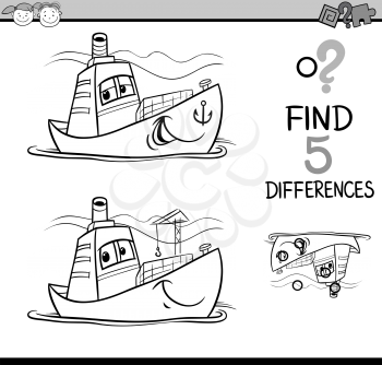 Black and White Cartoon Illustration of Finding Differences Educational Task for Preschool Children with Container Ship Transport Character for Coloring Book