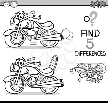 Black and White Cartoon Illustration of Finding Differences Educational Task for Preschool Children with Bike Transport Character for Coloring Book