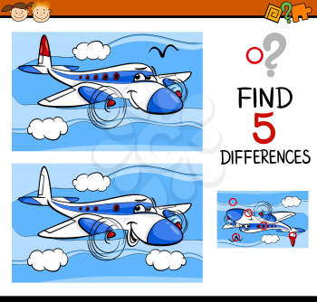 Cartoon Illustration of Finding Differences Educational Task for Preschool Children with Plane Transport Character
