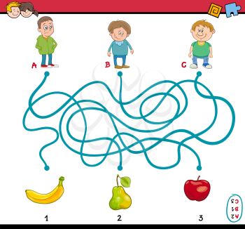 Cartoon Illustration of Education Paths or Maze Puzzle Task for Preschoolers with Children and Fruits