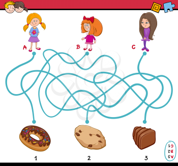 Cartoon Illustration of Educational Paths or Maze Puzzle Task for Preschoolers with Children and Sweets