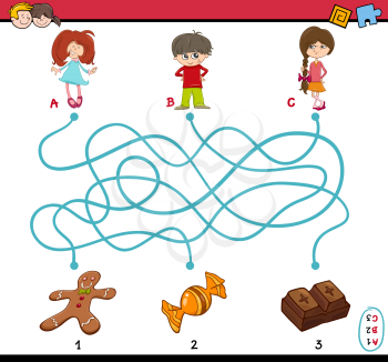 Cartoon Illustration of Educational Paths or Maze Puzzle Game for Preschoolers with Children and Sweets