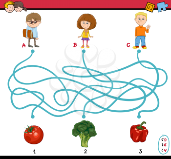 Cartoon Illustration of Educational Paths or Maze Puzzle Task for Preschoolers with Children and Vegetables