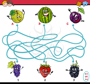 Cartoon Illustration of Educational Paths or Maze Puzzle Task for Preschool Children with Fruits
